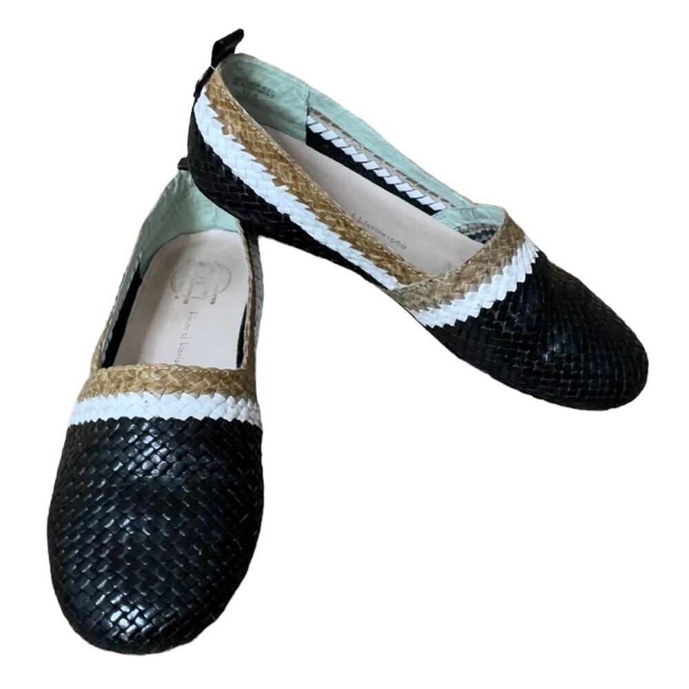 House of Harlow 1960 Woven Kye Flats Black White Tan Shoes Size 36.5 6 6.5